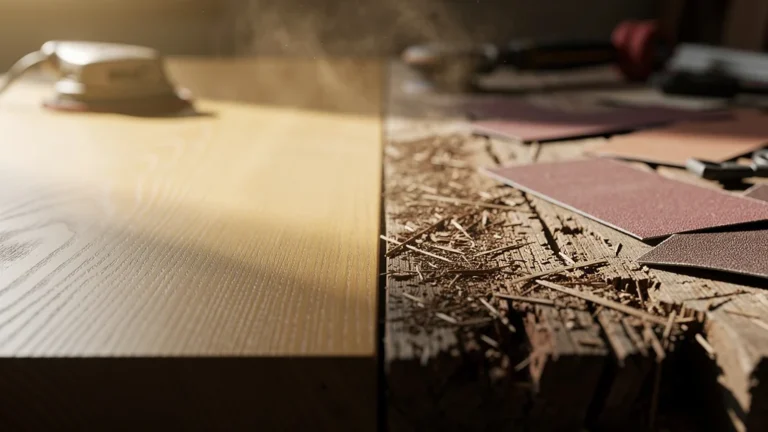 Tableau en bois moitié poncé trois grains, moitié brute pour comparaison visuelle détaillée