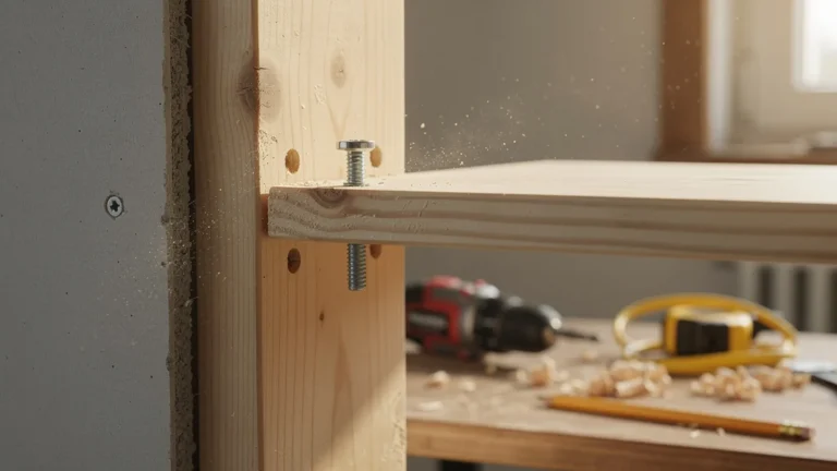 Étagère vissée dans un montant et dans le vide pour tester sa solidité, scène d'expérimentation en bois