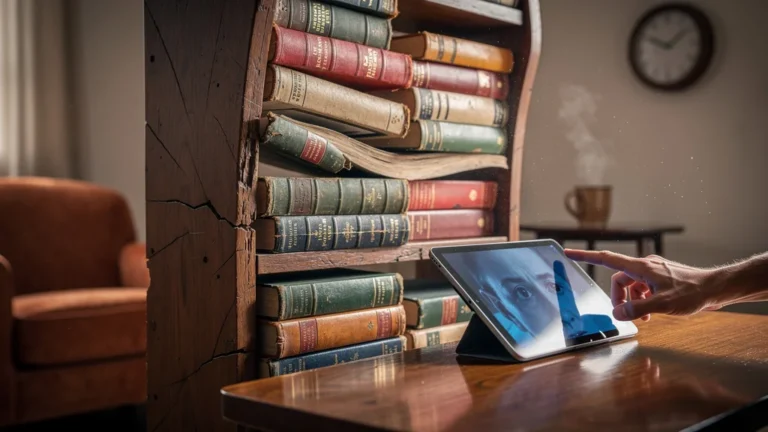 Étagère en bois ployant sous le poids des livres avec une tablette posée et une main inquiète