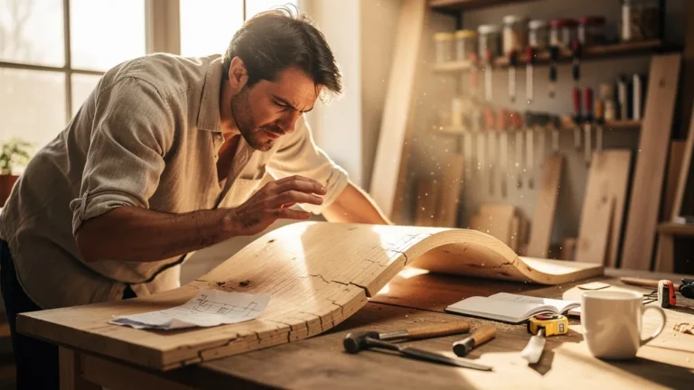 Tableau en bois fin d’un mètre affaissé sous poids, illustrant l’erreur d’un plateau trop fin