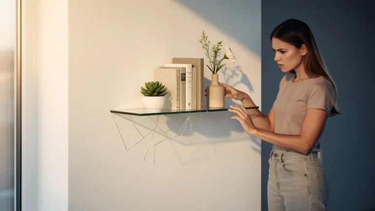 Étagère invisible élégante mais fragile sous charge, démontrant sa beauté limitée au quotidien
