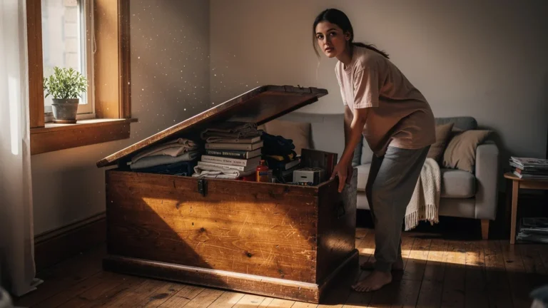Banc-coffre en bois dans un studio étroit, pratique mais lourd à déplacer une fois rempli
