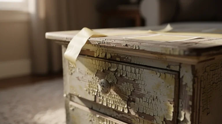 Meuble peint sans sous-couche, peinture écaillée après un hiver, détail réaliste de la surface abîmée