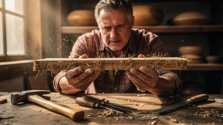 Atelier de bricolage avec planche en bois non poncée et échardes visibles, mains d'artisan au travail