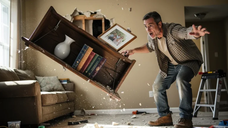 Effondrement d'une étagère lourde fixée seule sur du placo, avec dommage visible au mur et expression de regret