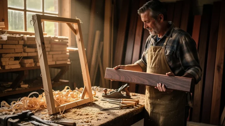 Atelier de menuiserie montrant tasseaux bruts déformés et bois dense pour cadre solide