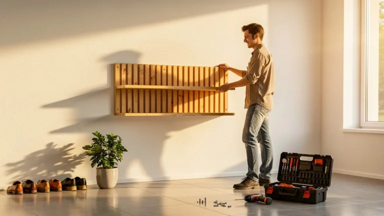 Entrée dégagée et meuble en tasseaux monté avec fierté, espace organisé et lumineux