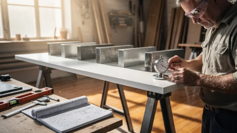 Mesure précise de la flèche d'une tablette mélaminée de 22 mm sous charge lourde en atelier