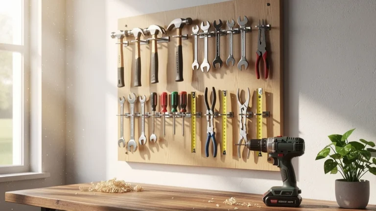 Atelier moderne avec panneau perforé bien organisé pour ranger les outils facilement