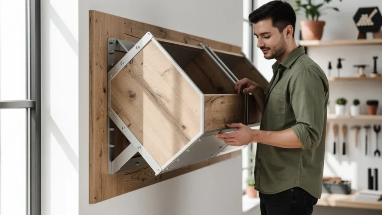 Rangement accroché sur tasseau incliné en bois montrant la stabilité et la technique d’installation