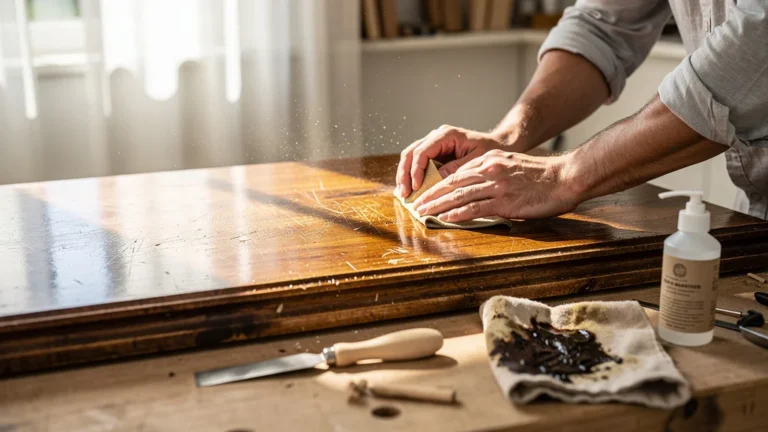 Homme en train d’enlever le vernis sur une surface en bois dans un atelier moderne lumineux