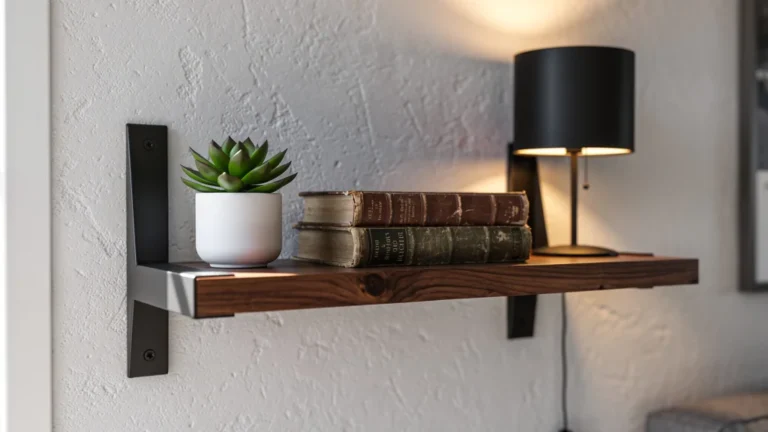 Équerre étagère design en métal noir supportant une étagère en bois dans un intérieur moderne lumineux