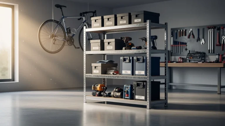 Étagère pour garage robuste et bien organisée dans un espace moderne, éclairage naturel et ambiance industrielle