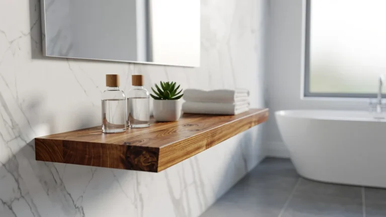 Étagère salle de bain bois naturel design minimaliste pour aménagement intérieur moderne