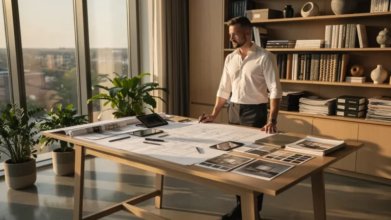 Intérieur moderne lumineux illustrant le studio de design Finilor avec narrateur masculin 32 ans