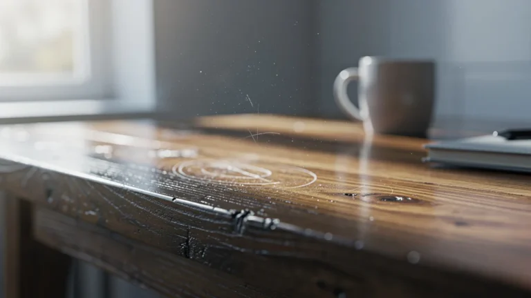 Gros plan hyperréaliste sur un meuble en bois verni brillant d'usage quotidien avec traces d'usure