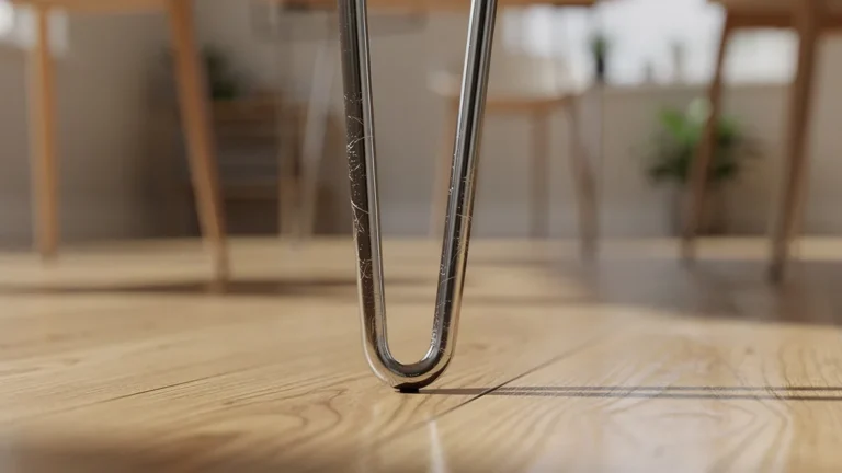 Pieds épingle en acier brillant sous une table en bois qui bouge légèrement, design moderne et élégant