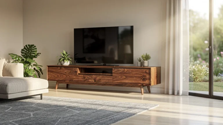 Meuble télé en bois en noyer élégant dans un salon moderne et lumineux, ambiance chaleureuse et naturelle