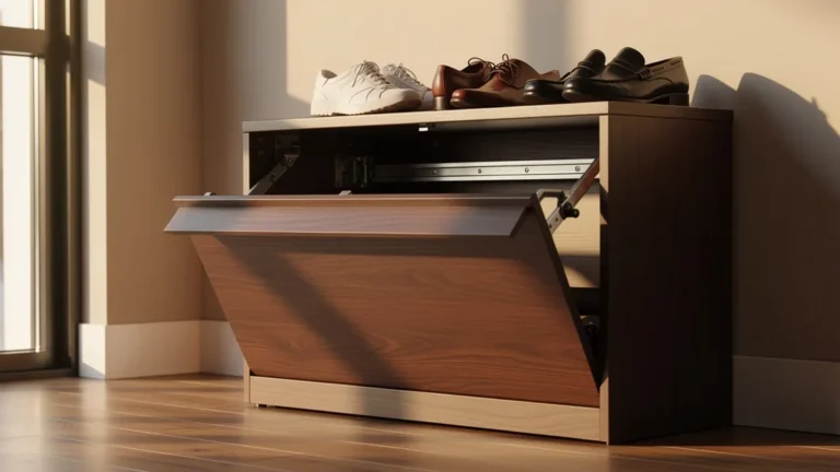 Meuble à chaussures en bois avec abattant bloqué mal ouvert dans un intérieur moderne et lumineux