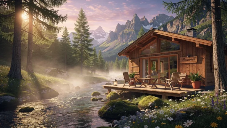 Vue hyper-réaliste du chalet Montoret en montagne au coucher de soleil, nature alpine paisible et boisée