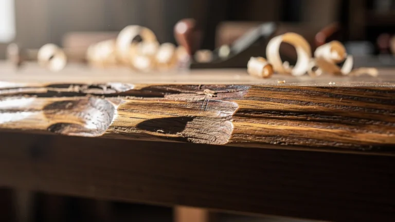 Dommages sur dessous de plateau en chêne non verni, déformation et réparation à prévoir, 40 € de bois à refaire