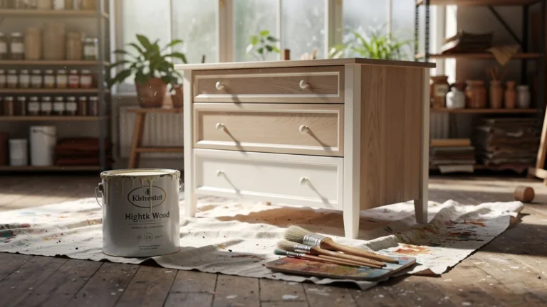 Peinture sur meuble en bois avec pinceau dans atelier lumineux, finition mate et détails réalistes
