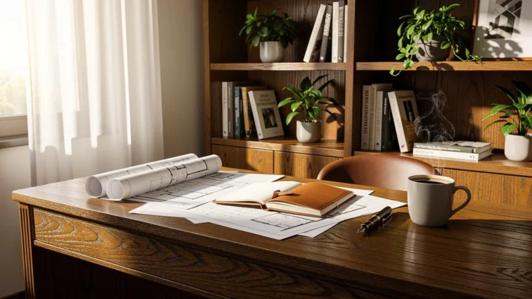 Espace de travail en bois naturel pour aménagement intérieur lumineux et chaleureux, style pichon