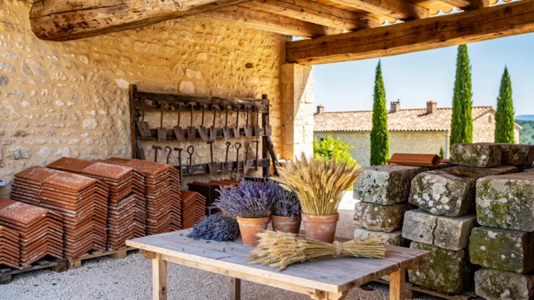 Magasin matériaux en Provence avec pierres, tuiles en terre cuite et bois sous lumière naturelle intense
