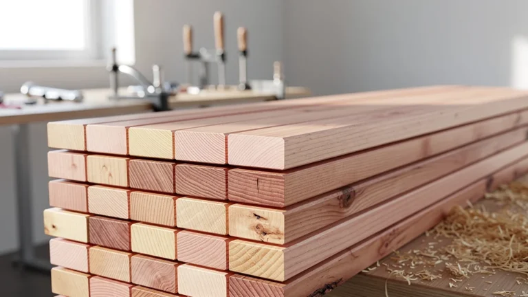 tasseau hêtre en gros plan dans un atelier moderne avec lumière naturelle mettant en valeur le grain du bois