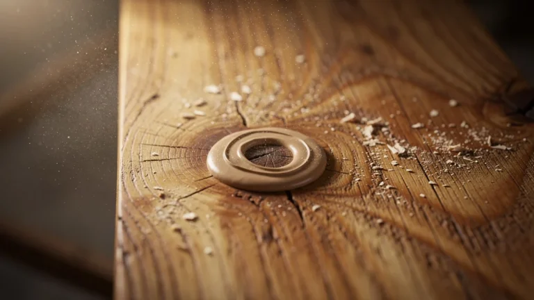 Pâte à bois appliquée sur un nœud et ponçage fin pour une restauration invisible du bois naturel